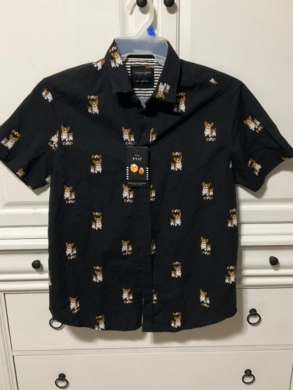 NWT Men Med.black Denim & Flower "Corgi Dad" short-sleeve button-up shirt